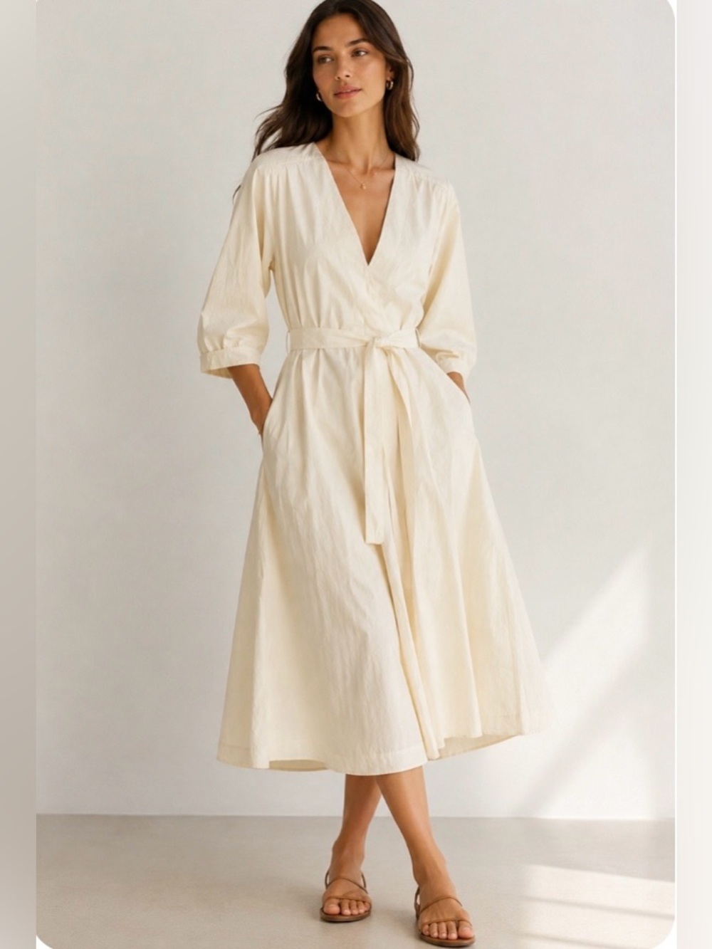Zara Poplin Cotton Blend Midi Dress Cream Belted Minimalist Cottagecore, XS NWT